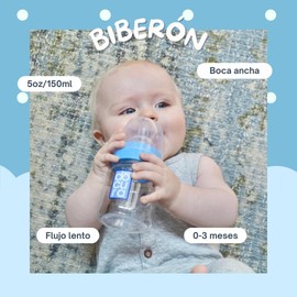 DOCURA - Set 3 Biberones Para Bebé De Boca Ancha, Biberón De 5 oz/150ml Para 0-3 Meses, Silicón Líquido, Mamilas Anti cólicos, Antirreflujo, Libre de BPA, Azul