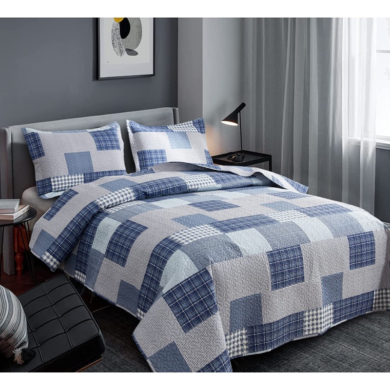 Bedspread Set Queen/Full Size Plaid Quilt Bedding Queen Grey Blue
