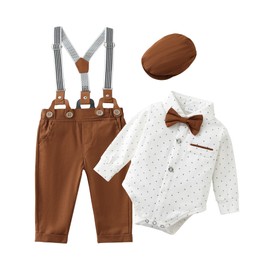 Baby Boy Clothes 0-18M Infant Tuxedo Long Sleeve Gentleman Outfits + Suspender Pants + Bowtie + Beret Hat Baby Boy Suit Set White