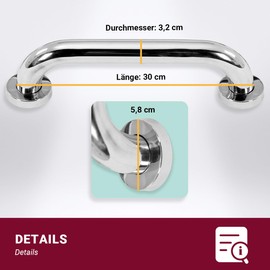 CasaXXl Stainless Steel Grab Rail for Shower and Bathtub, Bathroom Grab Bars for Seniors and Children, Bath Handle for Comfortable and Safe Use, in 4 Different Sizes (30 cm)