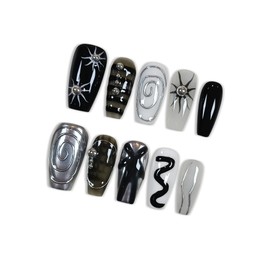 Hantyer Medium Coffin Press On Nails, Handmade Soft Gel Abstract Black White Grey Fake Nails with 3D Silver Swirls, Metallic Charms & Stud Accents, Reusable False Nails Kit, 10PCS (Size S)