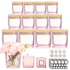 CONNOO Pink Square Candle Jars, 15 Pack Bulk Empty Glass Candle Containers with Airtight Bamboo Lids for Making Candles, Sticky Warning Labels - Dishwasher Safe