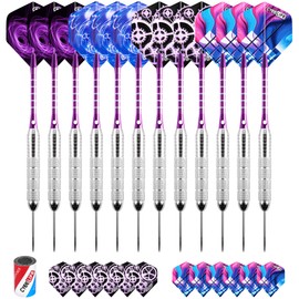 CyeeLife Dardos con punta de metal, 12 dardos de acero profesionales con 24 plumas y afilador, 22 gramos (morado)