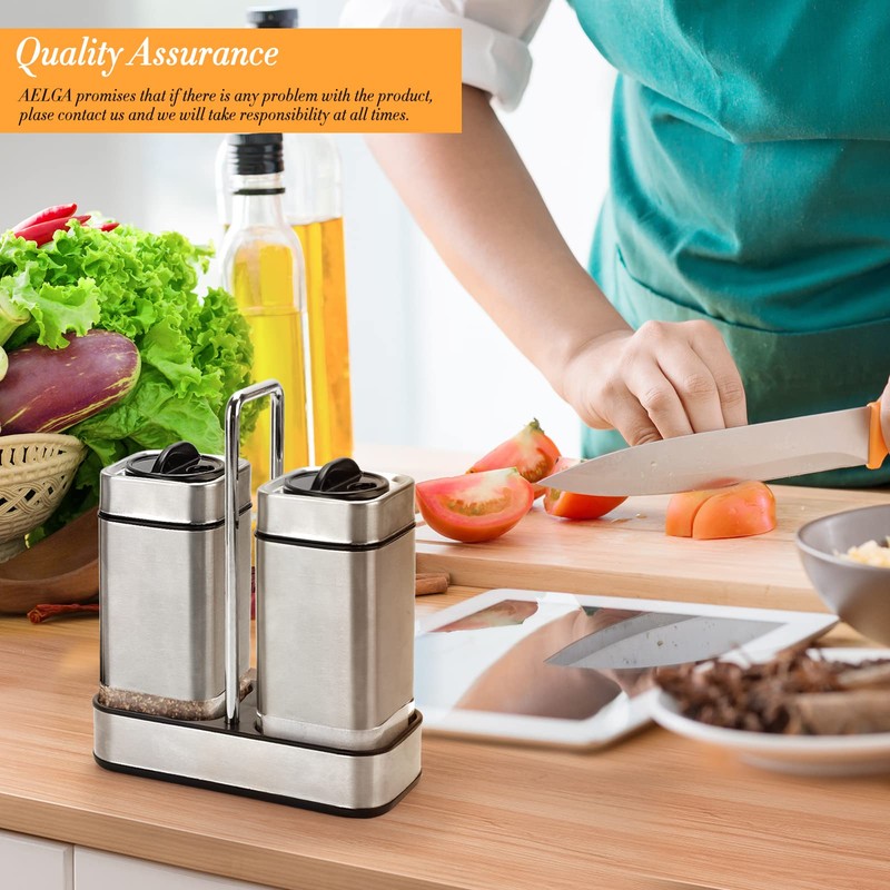 Salt and Pepper Shakers Set with Holder-Stainless Steel Salt Shaker