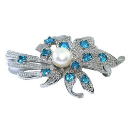 Generic Floral Ribbon Freshwater Pearl Blue Apatite 14Kt WG Plate Sterling Brooch B23A15, Standard, Silver