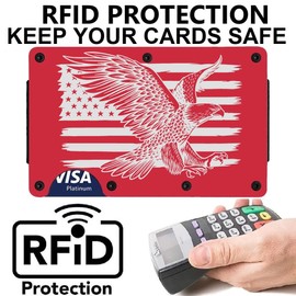 Laser Engraved Mens Womens Red American Flag and Eagle Titanium Carbon Fiber RFID Blocking Minimalist Wallet