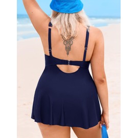 CUPSHE Plus Size Women's One Piece Swimsuit V Neck Cutout Swim Dress Back Hook Adjustable Straps Bathing Suit, 1X Navy Blue