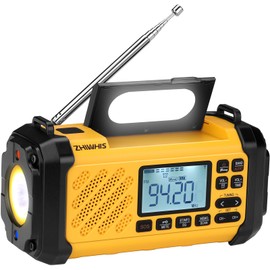 ZHIWHIS Disaster Prevention Radio, SW/FM/AM/VHF/Wide FM Compatible, Flashlight, Solar, Hand Crank, USB-C Charging, 10,000 mAh, Digital Clock, Timer, Preset, SOS Alert, Smartphone Charging, Small,