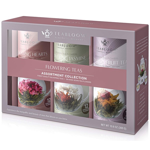 Teabloom - Caja de regalo para colección de té, 36 tés florecientes gourmet en 3 hermosos botes – Incluye 12 flores de té en forma de corazón, 12 flores de té de frutas y 12 flores de té verde jazmín