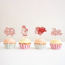 Ercadio Paquete de 48 decoraciones para cupcakes con purpurina de oro rosa para el día de la madre feliz para magdalenas, mejores mamás, amos, mamá, cupcakes, corazón, feliz día de la madre, suministros de decoración para tartas (4 estilos, oro rosa)