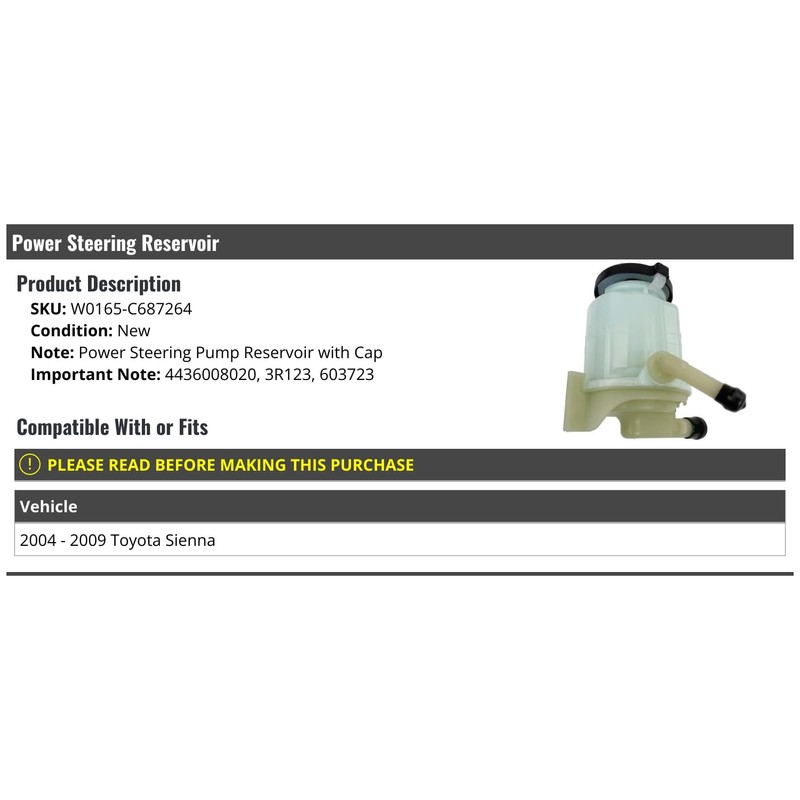 Power Steering Pump Reservoir with Cap - Compatible with 2004-2009