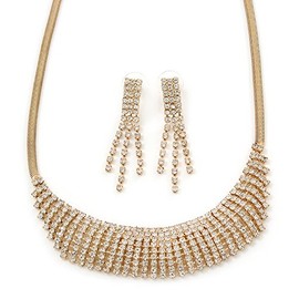 Avalaya Bridal/Wedding/Prom Clear Austrian Crystal Collar Necklace And Drop Earrings Set In Gold Tone - 32cm L/ 7cm Ext