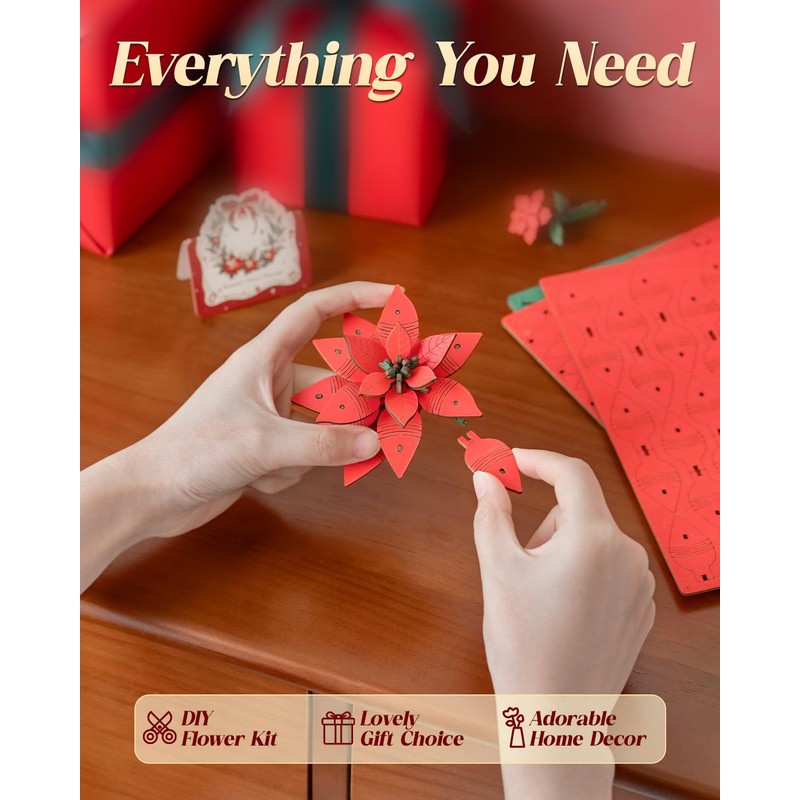 ROBOTIME 3D Puzzle Wooden Poinsettia, Artificial Flower Model Kit for