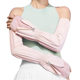 RainFlowwer Pink UV Sun Protection Arm Sleeves for Women, Cooling Driving Cycling Sleeves Long Women with Lace Patchwork Cuffs and Rhinestone Bow