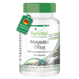 fairvital Molybdenum 150μg, 240 Tablets, Swallow-friendly, Sodium Molybdate, Quality-Tested and High Dosage, 100% Vegan, Made in Germany
