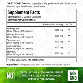 FitVitality, 150 Veggie Moringa Premium Capsules –Moringa Leaf, Ginkgo Biloba Leaf, Turmeric Extract, Ashwagandha & Tulsi Holy Basil – 100% Natural Herbal Blend.