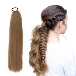 Braiding Hair Ponytail Extensions 24inch DIY Jumbo Braids Hair Hairpieces High Temperature Synthetic Hair pieces Wrap Around Pony Tail Hair for Women Girl Golden Brown