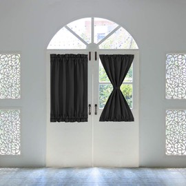 PiccoCasa Blackout French Door Curtain Panel - Blackout Door Curtain 25x40 Inches Solid Drapery with Tiebacks - 1 Panel,Black