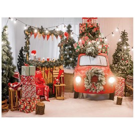 AIIKES 7x5FT Winter Christmas Backdrop Red Car Gifts Photography Background String Light Green Pine Wreath Snow Merry Xmas Flags Backdrops Family Holiday Party Photo Props Banner 11-977