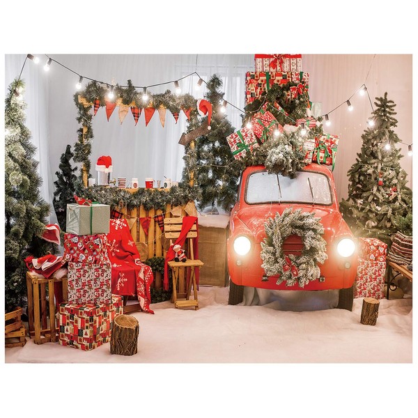 AIIKES 7x5FT Winter Christmas Backdrop Red Car Gifts Photography Background
