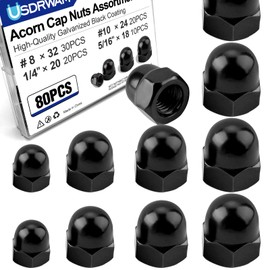 80Pcs 4 Size #8-32#10-24 1/4"-20 5/16"-18 Acorn Cap Nuts Assortment Kit, Zinc Plating-Black Hex Head Acorn Cap Nuts, Stainless Steel 18-8 (304) Hexagon Dome for Indoor Outdoor