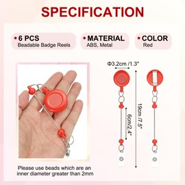 PATIKIL Beadable Badge Reels, 6 Pcs Beaded Retractable Clips Holder Long Badge Reel Bulk Keychain Blank Bar with Belt Clip for ID Name Badge DIY, Office Worker, Red