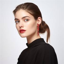 Red Rhinestone Statement Drop Dangle Earrings Dangling Sparkly Crystal Bridal Bridesmaid Wedding Earrings Long Chandelier Teardrop Earrings for Women Prom Pageant