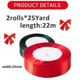 2 Rolls 25 Yards Christmas Ribbon, 25mm Wide Red Green Ribbon Double Sided Polyester Satin Ribbon Fabric Ribbon for Wedding Holiday Gift Wrapping ﻿