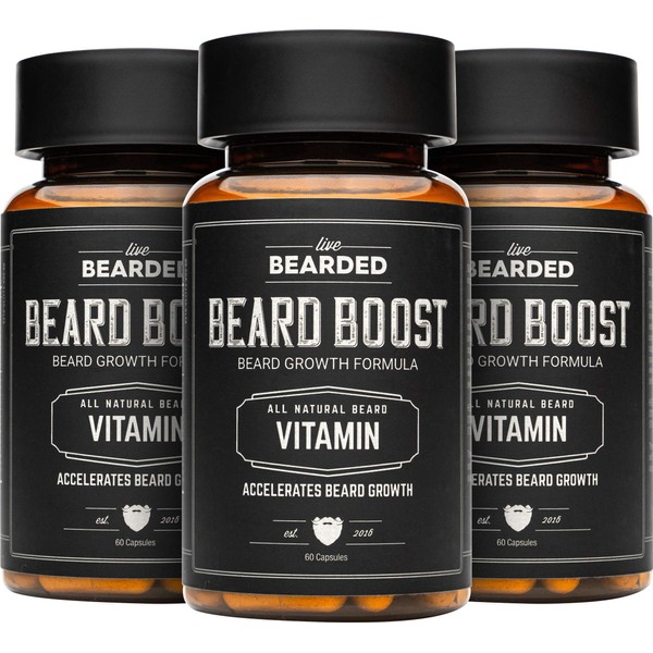 Live Bearded: Beard Boost - Beard Hair Growth Multivitamins with Biotin 10,000mcg, Vitamin C, Vitamin E and Zinc - 90-Day Supply - Thick, Strong, Full Beard Growth Support - Made in The USA