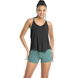 icyzone Racerback Workout Tank Tops for Women, V Neck Strappy Gym Yoga Running Shirts Loose Fit Quick Dry (Black, S)