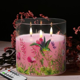 Girimax Large 3 Wick Pink Hummingbird Flameless Candles with Remote, Flickering Floral LED Pillar Candle in Glass Jar Φ 6" H 6"