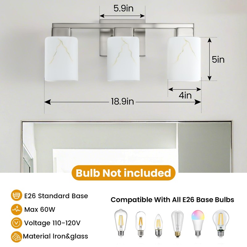 Mieloxiy 3-Light Square Bathroom Light Fixture, Brushed Nickel Modern Vanity
