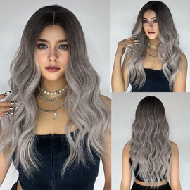 Siudus Dark Root Grey Long Curly Wigs for Women Ombre Grey Wavy Wave Hair Wig Middle Part Synthetic Fibre for Cosplay Daily Use