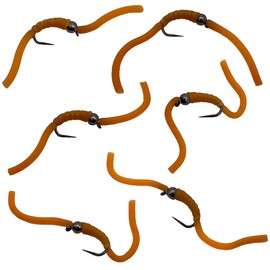 Thor Outdoor 6 Pc Squirmy Wormy Set, Tan Size #12 - Barbless Wet Worm Fly Fishing Flies for Trout, Panfish, Bass