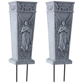 XONOR Cemetery Flowers Vase with Spike, Memorial Grave Vase Resin Flowers Holder for Headstone, Grave, Cemetery, Garden, Lawn, Yard Decorations (2PCS, Grey)