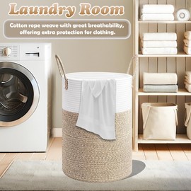 Cotton Rope Woven Laundry Basket - 60L White & Brown Woven Basket for Blankets, Toys and Dirty Clothes - Laundry Baskets with Handles for Living Room, Laundry Room, Bedroom Storage, Clothes Hamper