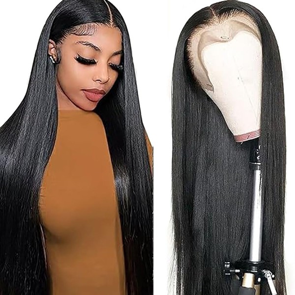 Hxxcoup Human Hair Wig Straight Natural Black 13x4 Lace Front