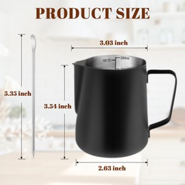 Amrules Milk Frothing Pitcher, 12oz Milk Frother Cup with Clear Scale, 304 Stainless Steel Cappuccino Espresso Machine Accessories for Barista Coffee Bar with Latte Art Pen, Black