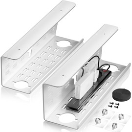 Cinati 2 Pack Cable Management Under Desk,32 inch Alloy Steel Large Cable Management Tray No Drill, Tape & Screw Installation Wire Organizers,Power Strip Holder,Cord Hider for Office and Home (White)