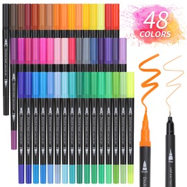 Owelth Brush Pen Set, 48 Colours, Dual Tip Brush Pens, Watercolour Markers, Felt Tip Pens, Thick and Thin Double Fibre Tips, for Children and Adults, Mandala Fibre Tip Pens 1-2 mm/Fineliner 0.4 mm