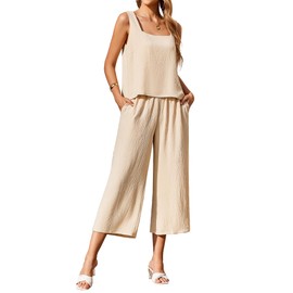 Ekouear Women's 2 Piece Outfits Sleeveless Top Capri Pants Matching Lounge Set Vacation Clothes,Champagne,Large