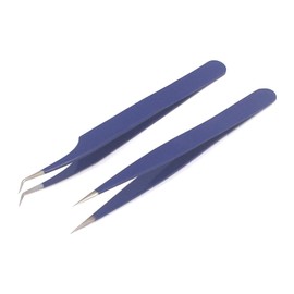 G.S 2 Pieces Straight and Curved Tip Tweezers Nipper for Eyelash Extensions, Blue Stainless Steel False Lash Application Tools