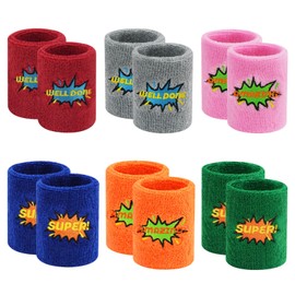 RETON 12 Pcs Colourful Sports Sweat Bands Wristbands, Cotton Wrist Bands Sweat with Embroidery Design for Unisex, Elastic Basketball Football Soccer Tennis Wristbands for Women Men Kids (6 Pairs)