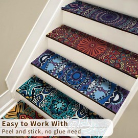 funlife 14 Strips Stair Riser Stickers Peel and Stick, Self Adhesive Vinyl Stair Risers Staircase Murals Decals Sticker Decor for Steps, 39.37"x7.09", Mandala Style
