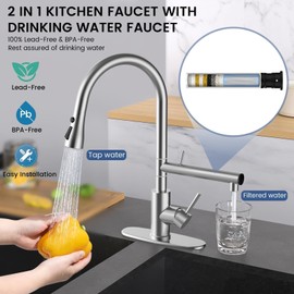 FEELSO Kitchen Faucets, Upgraded Filter Water Kitchen Faucet with Pull Down Sprayer, Brushed Nickel Stainless Steel High Arc 1 Or 3 Hole Kitchen Sink Faucet for Remove Lead, Chlorine, Bad Taste & Odor