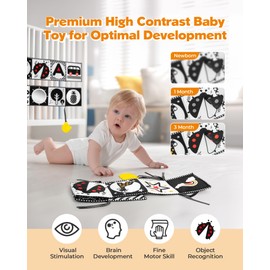 Melican Black and White High Contrast Baby Toys 0-6 6-12 Months, Soft Book with Teether, Newborn Infants Tummy Time Toys, 0-3 3-6 Month Sensory Visual Stimulation, Montessori Learning Essentials