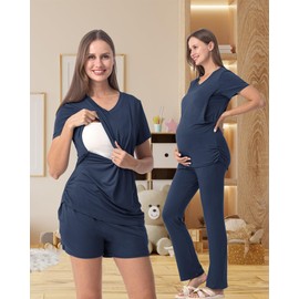 Rnxrbb 3 Piece Women's Maternity Nursing Pajamas Set V Neck Breastfeeding Pjs Sleepwear Postpartum Shorts&Pants Pockets,Navy L