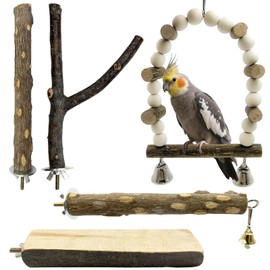 5Pcs Natural Wooden Bird Perch Set – Parrot Perch Toys, Wooden Perch Swing, Cage Accessories for Budgies, Cockatiels, Lovebirds, Finches, and Other Small to Medium Birds