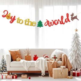 Merry Christmas Sign Joy to the World Gold Glitter Banner, Happy New Year Christmas Party Holiday Decorations Supplies
