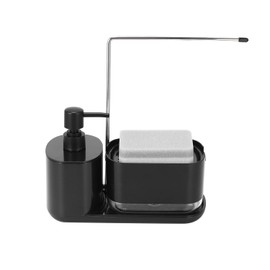 BEANPRECOY Hand and Dish Soap Dispenser Set for Kitchen, 4-in-1 Dual Soap Dispenser with Sponge Holder and Dishcloth Holder Organizer for Kitchen Sink Countertop Storage Organize (Black-B)